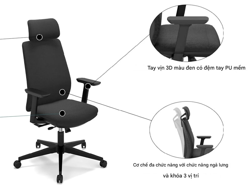 Ghế chân xoay tay vịn 3D kết hợp đệm trượt đa năng Riva-H