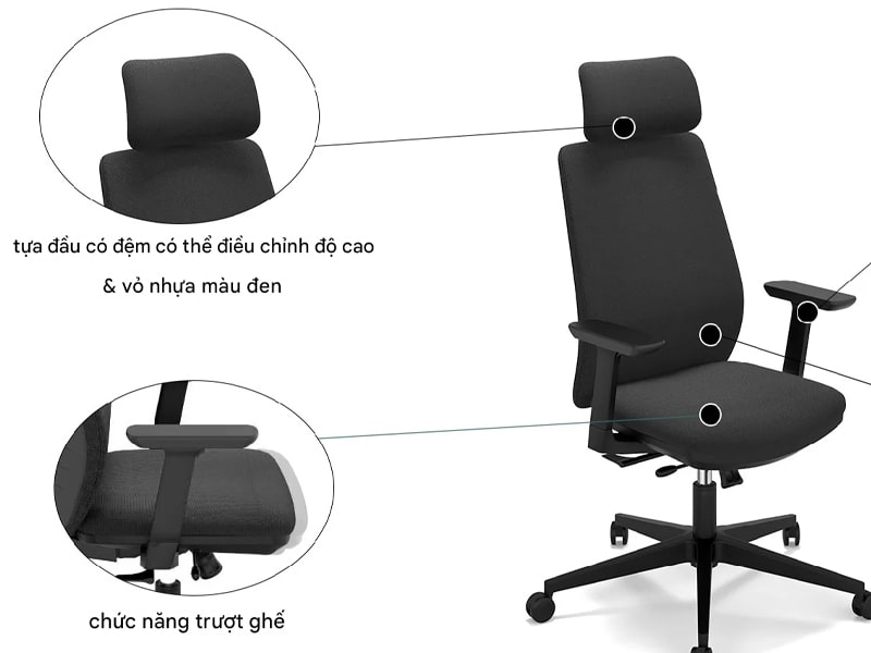 Ghế chân xoay tay vịn 3D kết hợp đệm trượt đa năng Riva-H