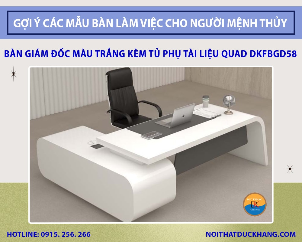 Bàn giám đốc màu trắng kèm tủ phụ tài liệu Quad DKFBGD58