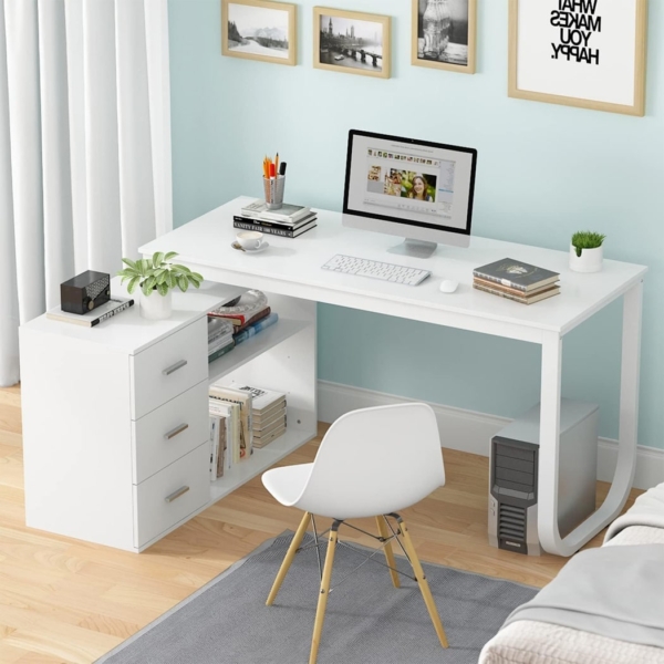 Bàn làm việc tại nhà chữ L kết hợp tủ lưu trữ 3 ngăn kéo và kệ mở - BTNDK01
