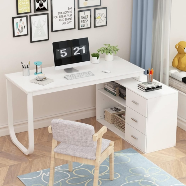 Bàn làm việc tại nhà chữ L kết hợp tủ lưu trữ 3 ngăn kéo và kệ mở - BTNDK01