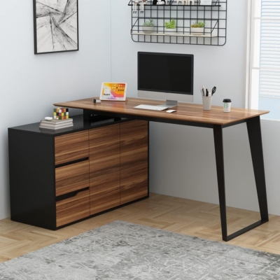 Bàn làm việc tại nhà chữ L, mặt gỗ chân sắt chữ A kết hợp tủ lưu trữ 3 ngăn - BTNDK02