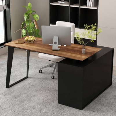 Bàn làm việc tại nhà chữ L, mặt gỗ chân sắt chữ A kết hợp tủ lưu trữ 3 ngăn - BTNDK02