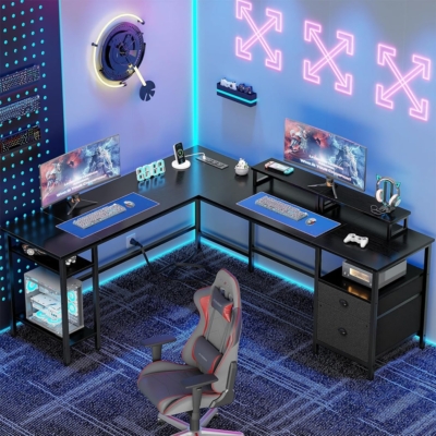 Bàn làm việc tại nhà chữ L kết hợp 2 ngăn kéo và 2 giá đỡ màn hình - BTNDK06