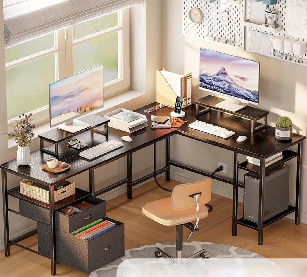 Bàn làm việc tại nhà chữ L kết hợp 2 ngăn kéo và 2 giá đỡ màn hình - BTNDK06