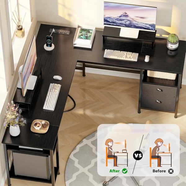 Bàn làm việc tại nhà chữ L kết hợp 2 ngăn kéo và 2 giá đỡ màn hình - BTNDK06