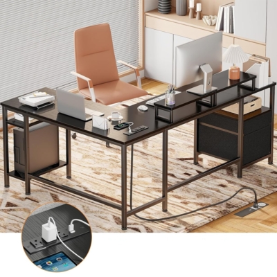 Bàn làm việc tại nhà chữ L kết hợp 2 ngăn kéo và 2 giá đỡ màn hình - BTNDK06