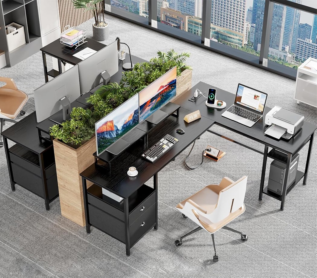 Bàn làm việc tại nhà chữ L kết hợp 2 ngăn kéo và 2 giá đỡ màn hình - BTNDK06