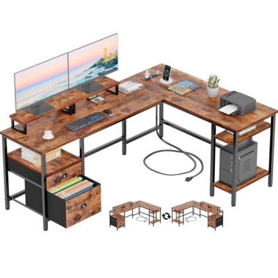 Bàn làm việc tại nhà chữ L kết hợp 2 ngăn kéo và 2 giá đỡ màn hình - BTNDK06