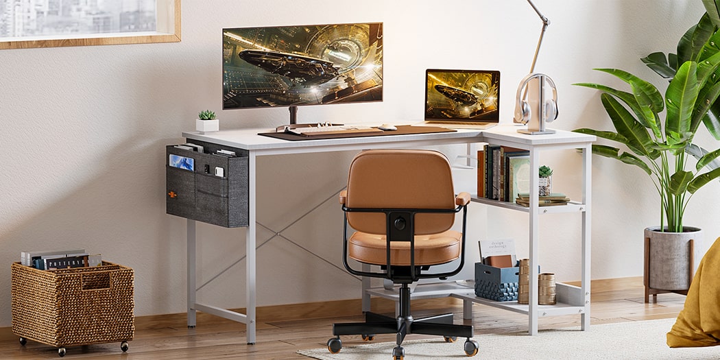 Bàn làm việc tại nhà đẹp kết hợp kệ đảo chiều, khung kim loại chắc chắn - BTNDK07