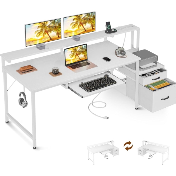 Bàn làm việc tại nhà nhỏ gọn kèm chân đế, khay bàn phím trượt - BTNDK08