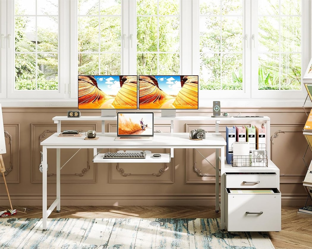 Bàn làm việc tại nhà nhỏ gọn kèm chân đế, khay bàn phím trượt - BTNDK08