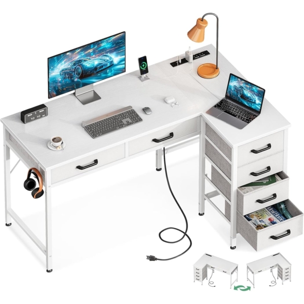Bàn làm việc tại nhà chữ L, 6 ngăn kéo kết hợp ổ cắm AC, USB và Type C - BTNDK10