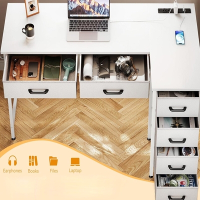 Bàn làm việc tại nhà chữ L, 6 ngăn kéo kết hợp ổ cắm AC, USB và Type C - BTNDK10