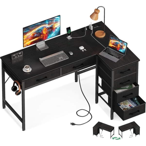 Bàn làm việc tại nhà chữ L, 6 ngăn kéo kết hợp ổ cắm AC, USB và Type C - BTNDK10