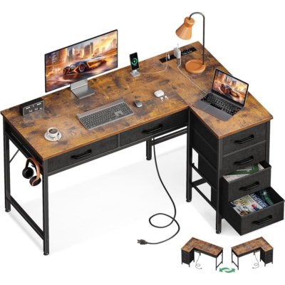 Bàn làm việc tại nhà chữ L, 6 ngăn kéo kết hợp ổ cắm AC, USB và Type C - BTNDK10