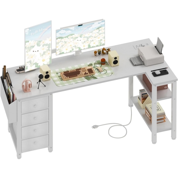 Mẫu bàn làm việc tại nhà hiện đại chữ L với 2 kệ, 4 ngăn kéo - BTNDK12