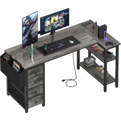 Mẫu bàn làm việc tại nhà hiện đại chữ L với 2 kệ, 4 ngăn kéo - BTNDK12