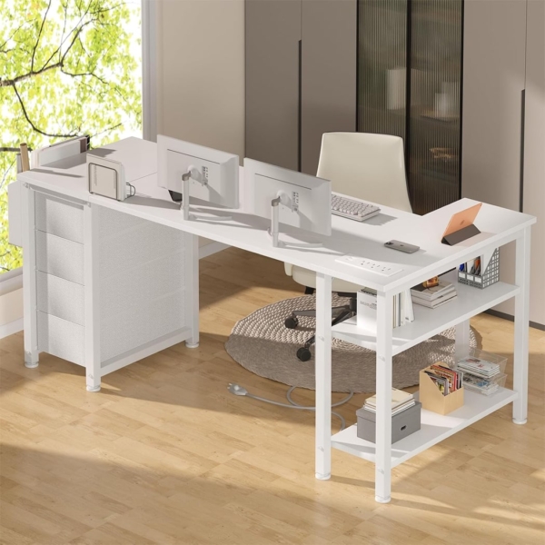 Mẫu bàn làm việc tại nhà hiện đại chữ L với 2 kệ, 4 ngăn kéo - BTNDK12
