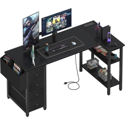 Mẫu bàn làm việc tại nhà hiện đại chữ L với 2 kệ, 4 ngăn kéo - BTNDK12