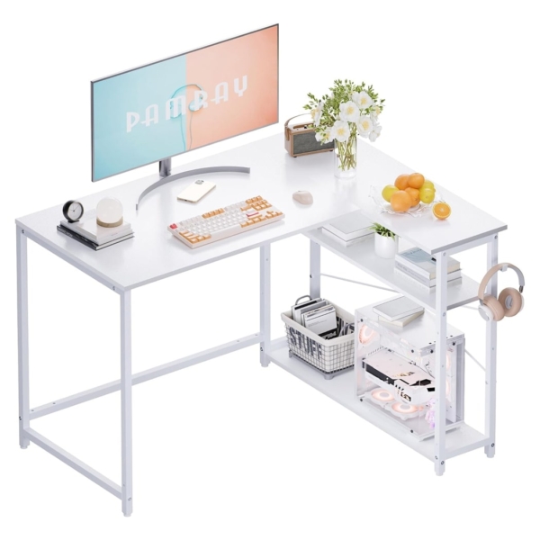 Bàn làm việc tại nhà chữ L, kệ lưu trữ đảo ngược, chân thép sơn tĩnh điện