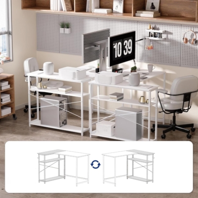 Bàn làm việc tại nhà chữ L, kệ lưu trữ đảo ngược, chân thép sơn tĩnh điện