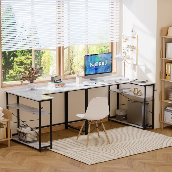 Bàn làm việc tại nhà chữ L, kệ lưu trữ đảo ngược, chân thép sơn tĩnh điện