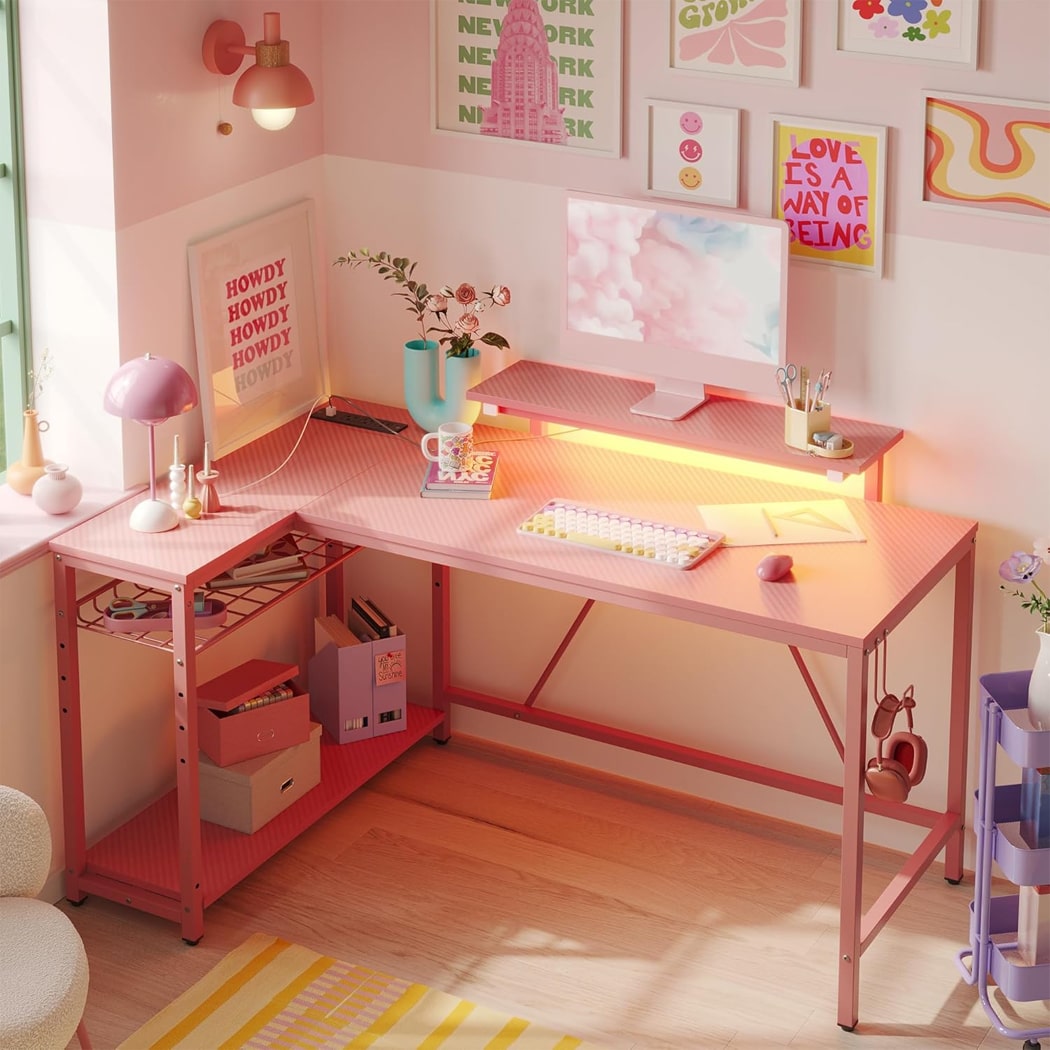 Bàn làm việc tại nhà chữ L, kệ lưu trữ đảo ngược và móc treo, chân thép BTNDK16