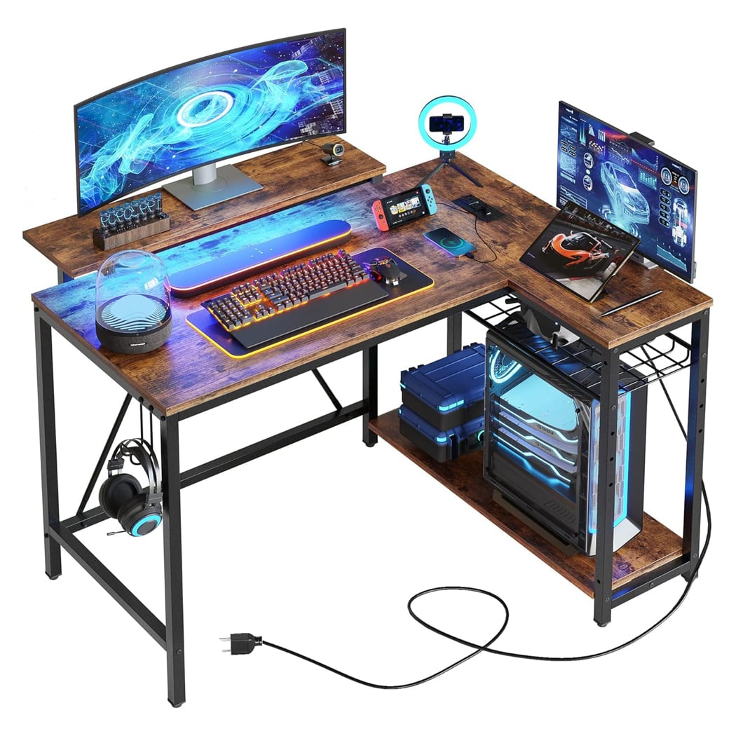 Bàn làm việc tại nhà chữ L, kệ lưu trữ đảo ngược và móc treo, chân thép BTNDK16