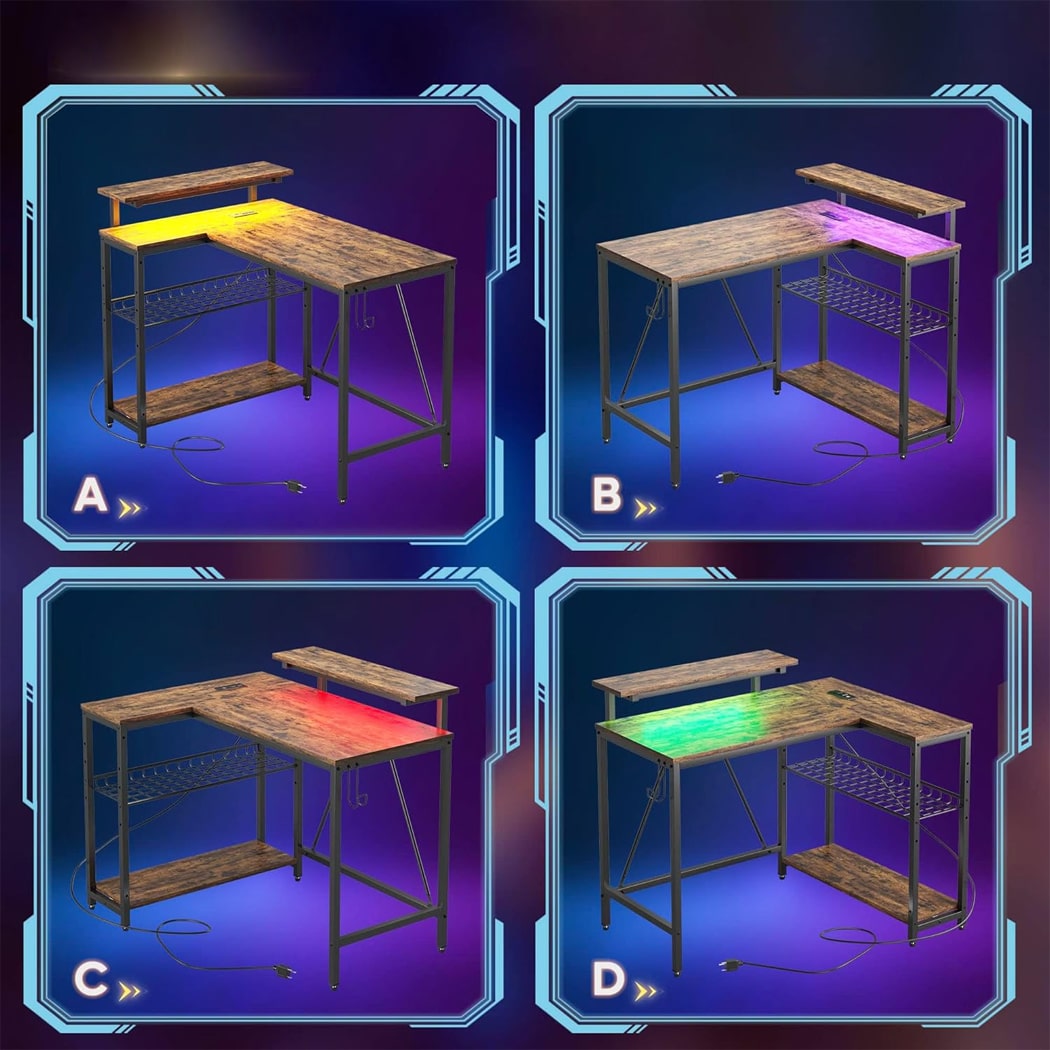 Bàn làm việc tại nhà chữ L, kệ lưu trữ đảo ngược và móc treo, chân thép BTNDK16