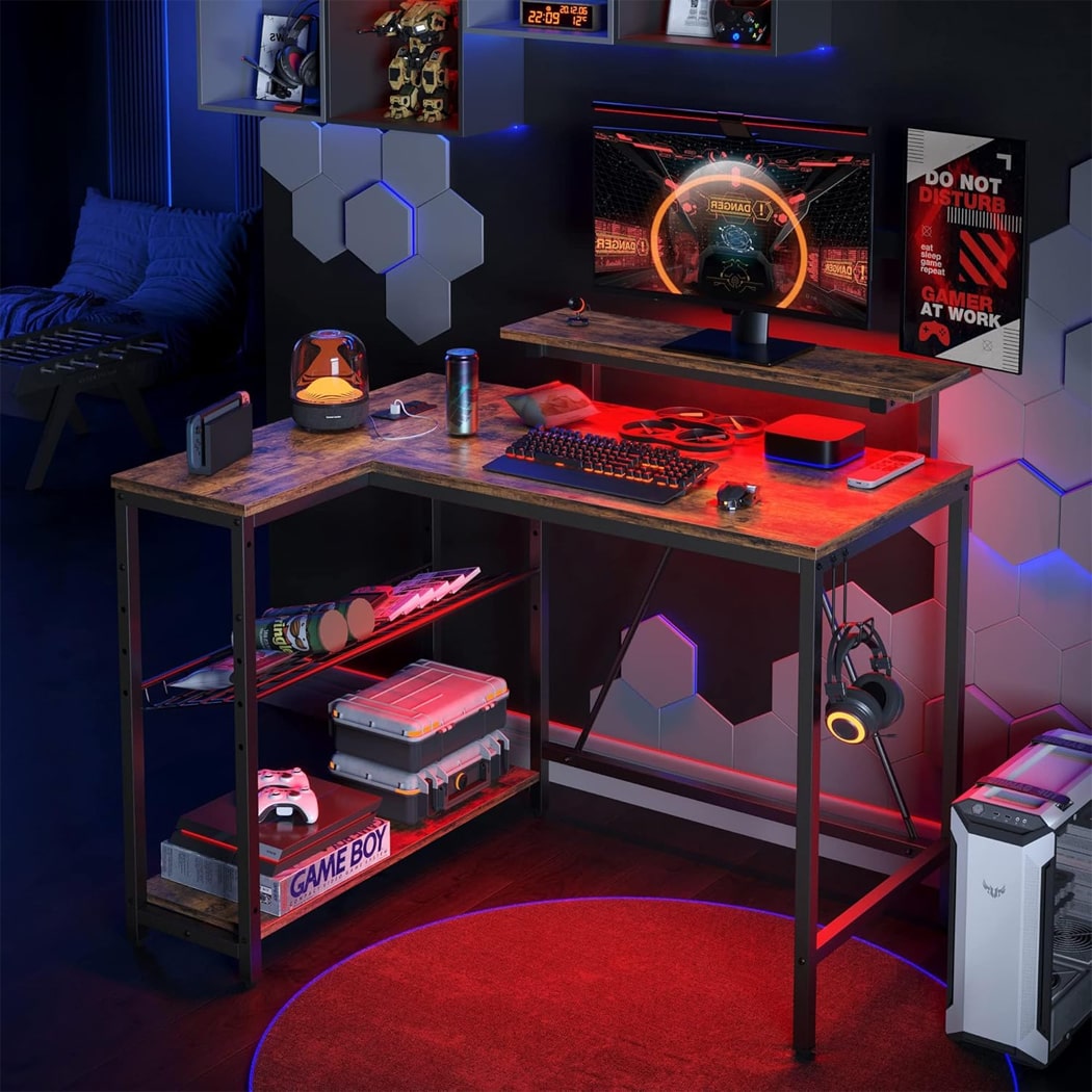 Bàn làm việc tại nhà chữ L, kệ lưu trữ đảo ngược và móc treo, chân thép BTNDK16