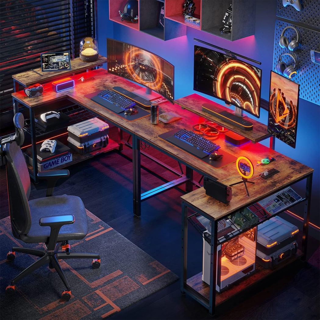 Bàn làm việc tại nhà chữ L, kệ lưu trữ đảo ngược và móc treo, chân thép BTNDK16