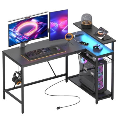 Bàn làm việc tại nhà chữ L, kệ lưu trữ đảo ngược, chân thép sơn tĩnh điện