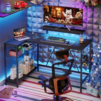 Bàn làm việc tại nhà chữ L, kệ lưu trữ đảo ngược, chân thép sơn tĩnh điện