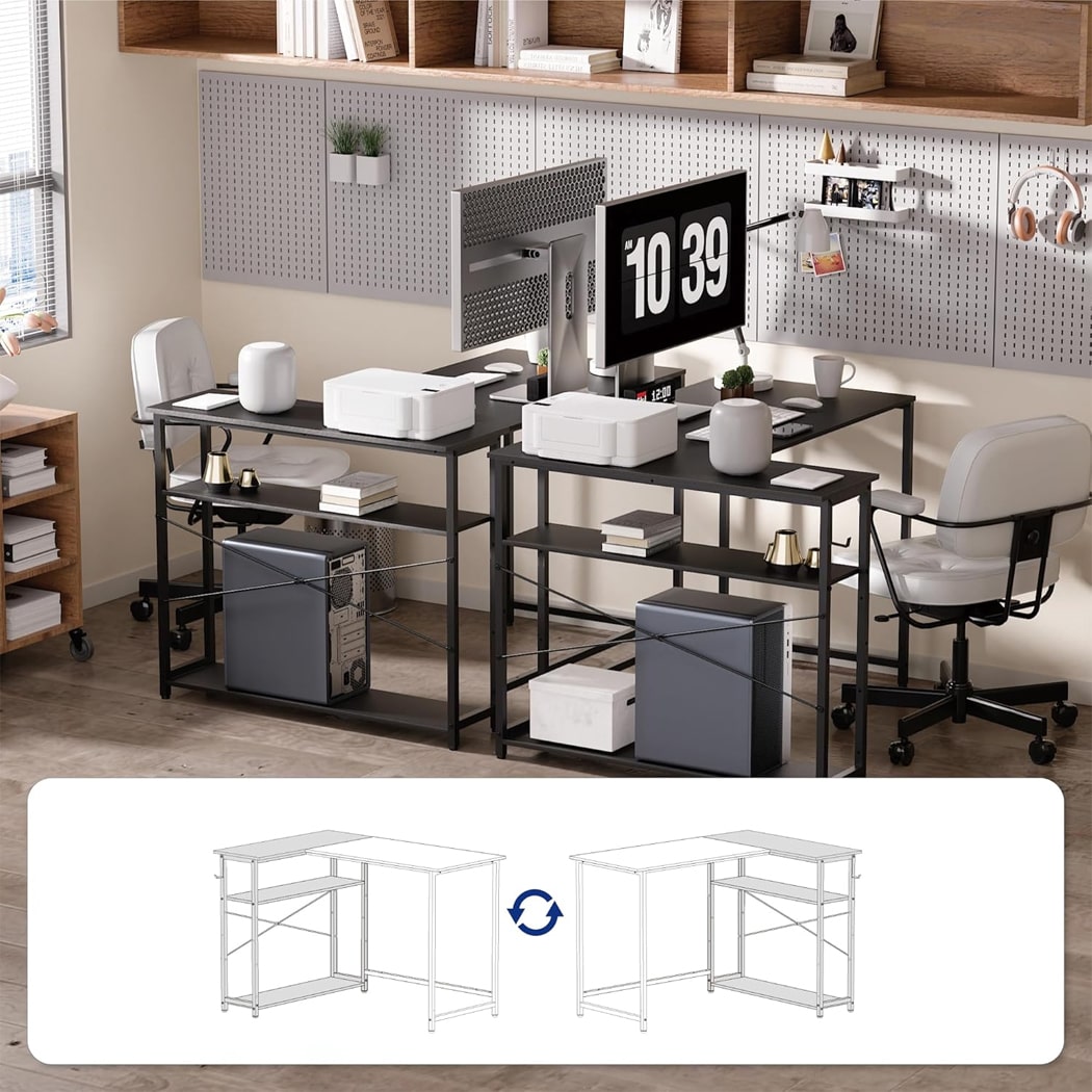 Bàn làm việc tại nhà hình chữ L, kệ lưu trữ 2 tầng đảo ngược BTNDK17