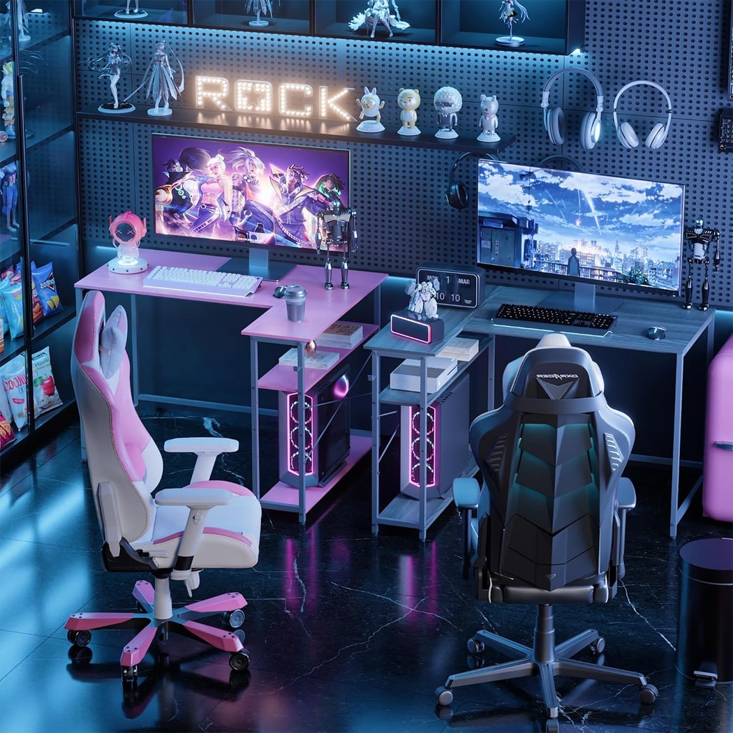 Bàn làm việc tại nhà hình chữ L, kệ lưu trữ 2 tầng đảo ngược BTNDK17