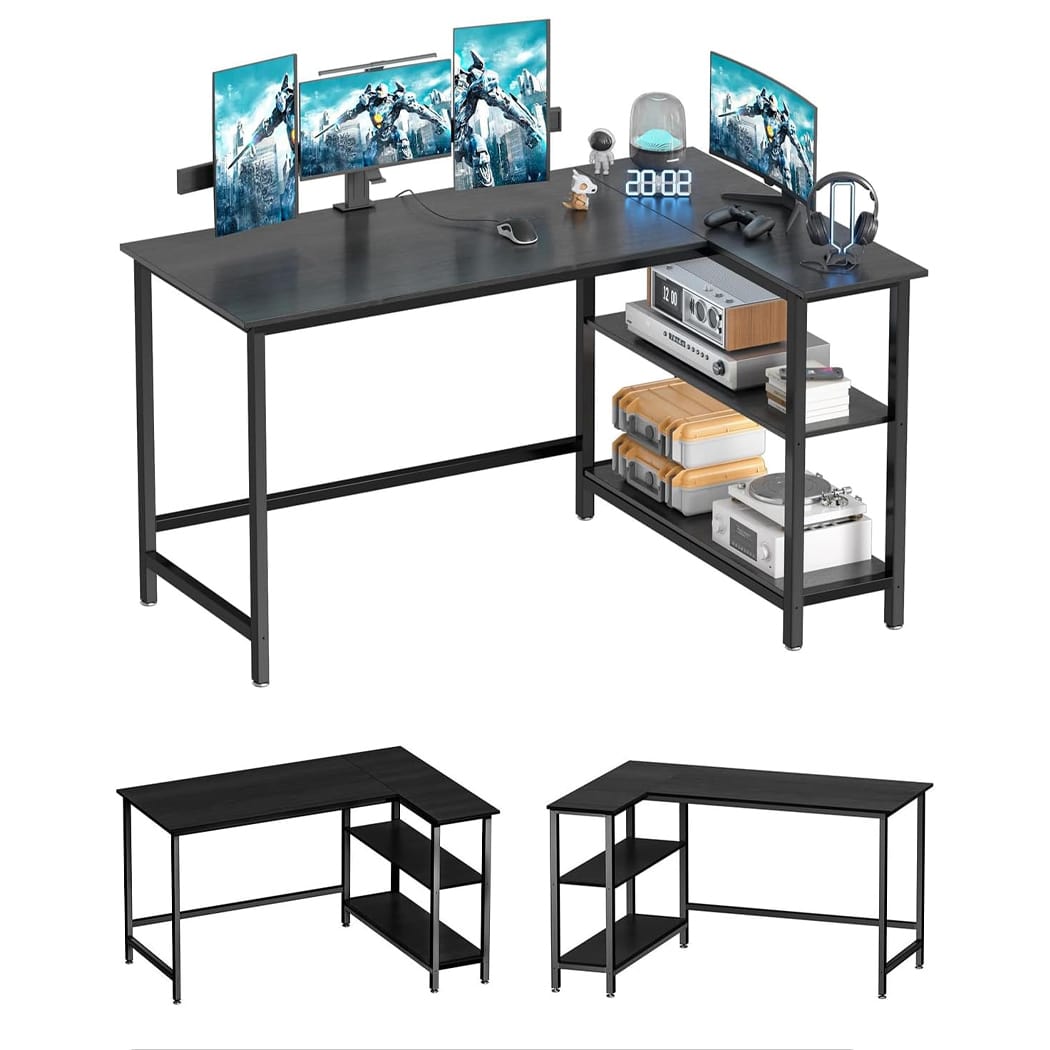 Bàn làm việc tại nhà chữ L, kệ mở 2 tầng đảo ngược, chân tĩnh điện BTNDK18