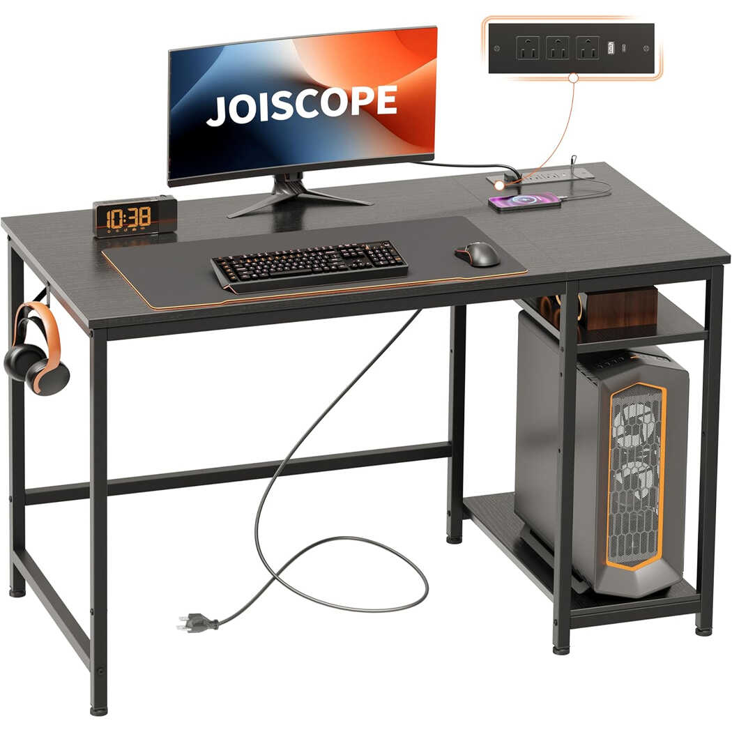 Bàn làm việc tích hợp ổ cắm, kệ lưu trữ 2 tầng, móc treo tai nghe BTNDK21