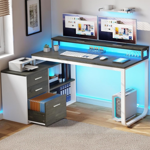 Bàn làm việc tại nhà chữ L tích hợp tủ lưu trữ 3 ngăn BTNDK35
