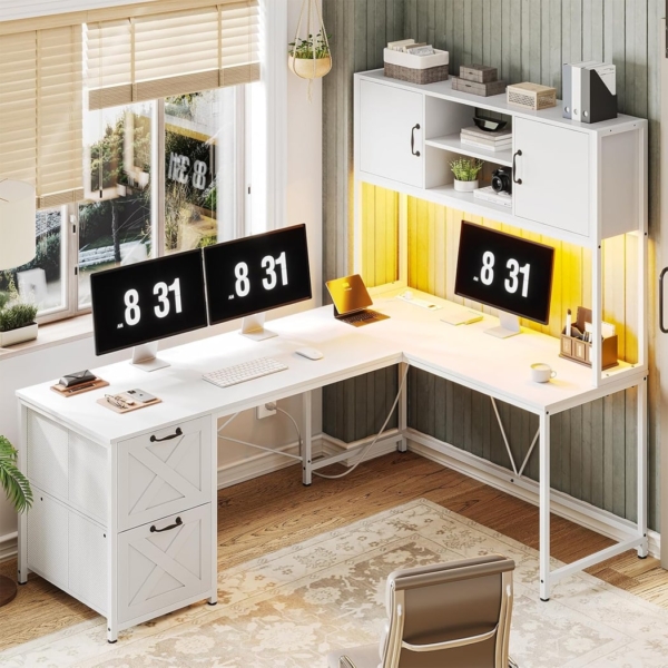 Bàn làm việc tại nhà chữ L rộng rãi, kèm tủ đựng đồ đa năng BTNDK36