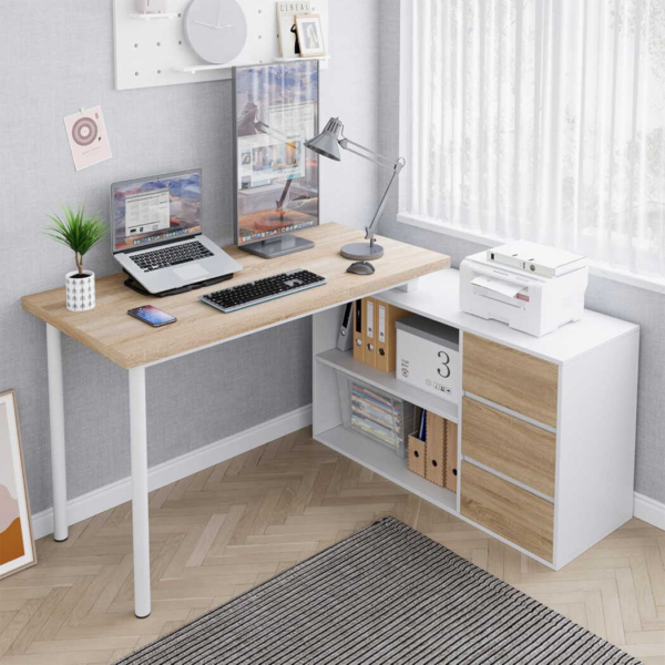 Bàn làm việc tại nhà chữ L kết hợp tủ lưu trữ 3 ngăn kéo đa năng BTNDK38