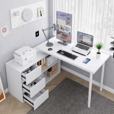 Bàn làm việc tại nhà chữ L kết hợp tủ lưu trữ 3 ngăn kéo đa năng BTNDK38