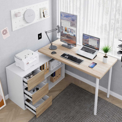 Bàn làm việc tại nhà chữ L kết hợp tủ lưu trữ 3 ngăn kéo đa năng BTNDK38