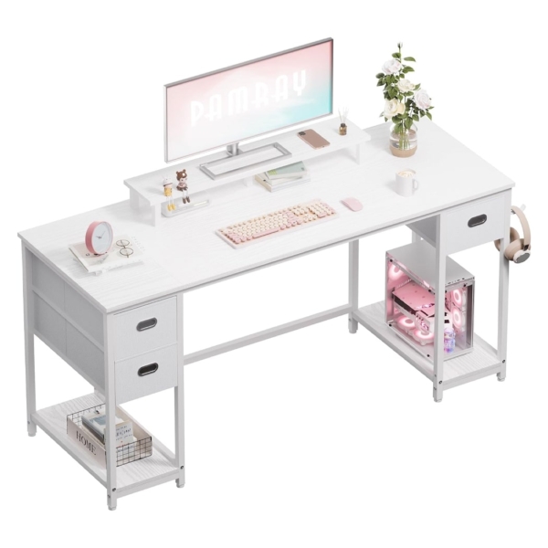 Bàn làm việc tại nhà đẹp kèm kệ nâng màn hình, móc treo đa năng BTNDK58