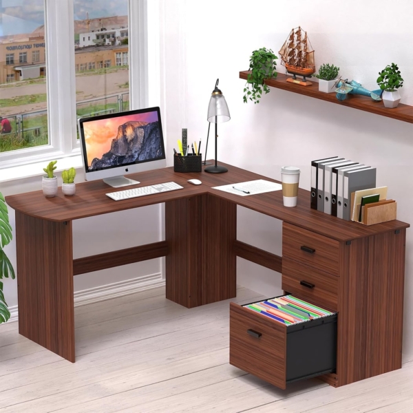 Bàn làm việc tại nhà bằng gỗ sang trọng, dáng chữ L kèm tủ phụ BTNDK59