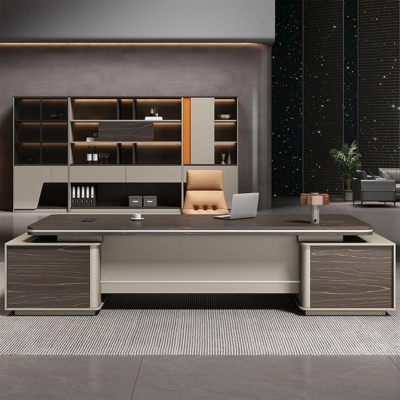 Bàn giám đốc kèm tủ phụ chữ L, nắp nhôm đi dây điện trên mặt bàn DKFBGD101