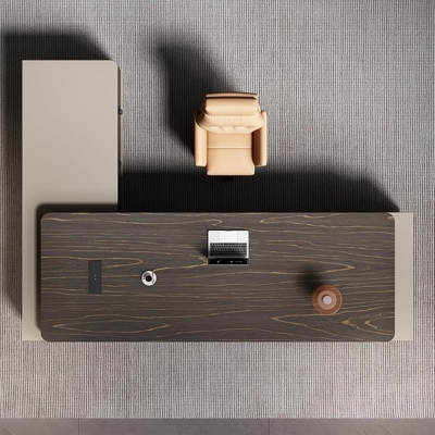 Bàn giám đốc kèm tủ phụ chữ L, nắp nhôm đi dây điện trên mặt bàn DKFBGD101