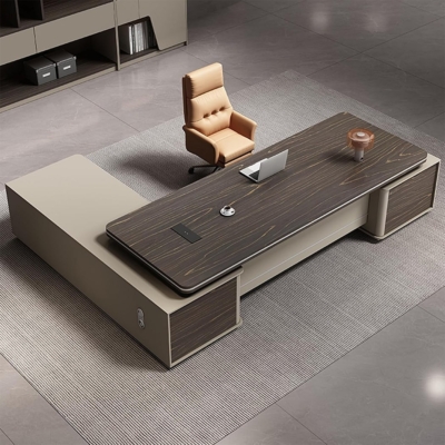 Bàn giám đốc kèm tủ phụ chữ L, nắp nhôm đi dây điện trên mặt bàn DKFBGD101