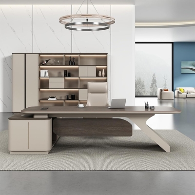 Bàn giám đốc chữ L kèm tủ phụ, yếm lửng, chân bàn cách điệu DKFBGD102