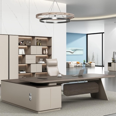 Bàn giám đốc chữ L kèm tủ phụ, yếm lửng, chân bàn cách điệu DKFBGD102